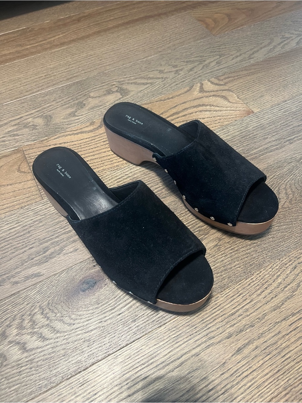 Rag & Bone: size 40. Black Suede Open-Toe Clogs with Wood Platform